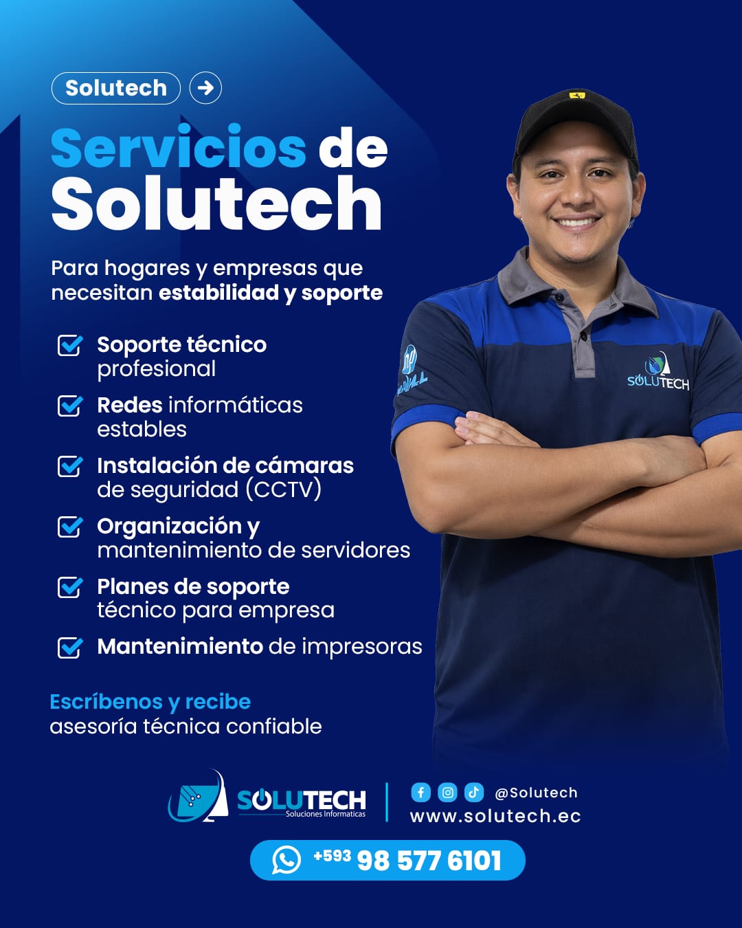 Técnico de SOLUTECH listo para brindar servicios de soporte